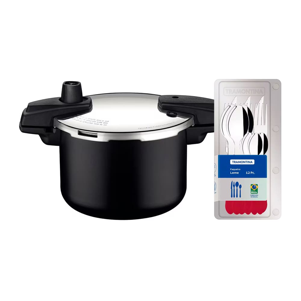 Panela de Pressão Tramontina Arizona em Alumínio, Revestimento Starflon Max 4,5L – Preto + Faqueiro 12 Peças Leme com Lâminas em Aço Inox - Vermelho