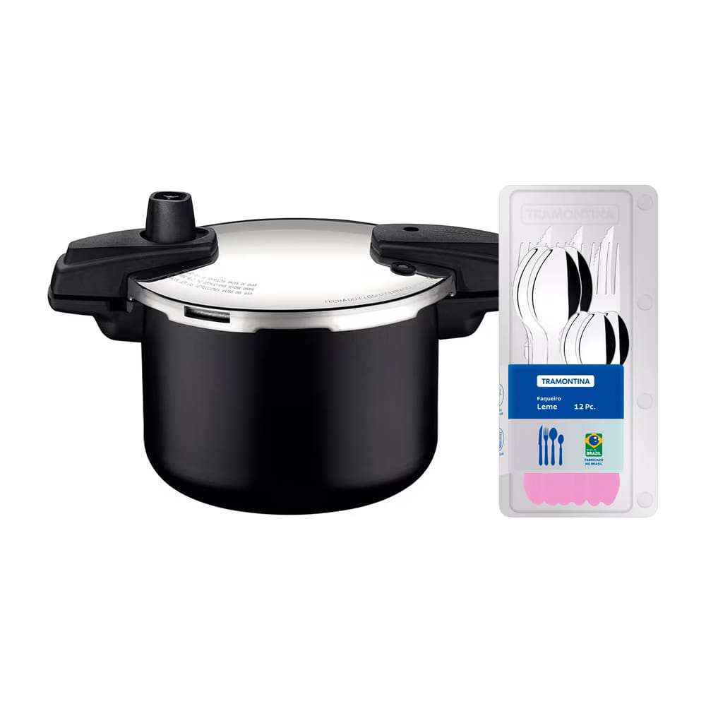 Panela de Pressão Tramontina Arizona em Alumínio, Revestimento Starflon Max 4,5L – Preto + Faqueiro 12 Peças Leme com Lâminas em Aço Inox – Lavanda
