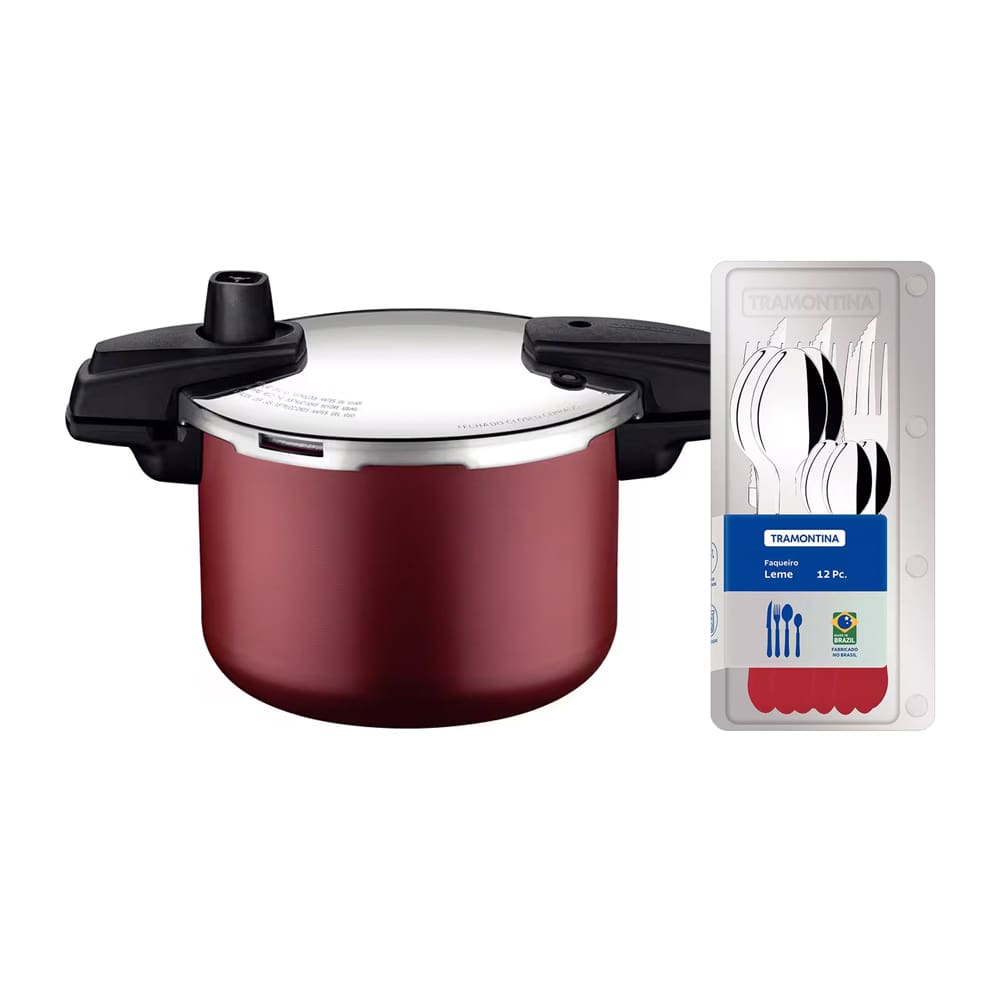 Panela de Pressão Tramontina Arizona em Alumínio, Revestimento Starflon Max 4,5L – Vermelha + Faqueiro 12 Peças Leme, Lâminas em Aço Inox – Vermelho