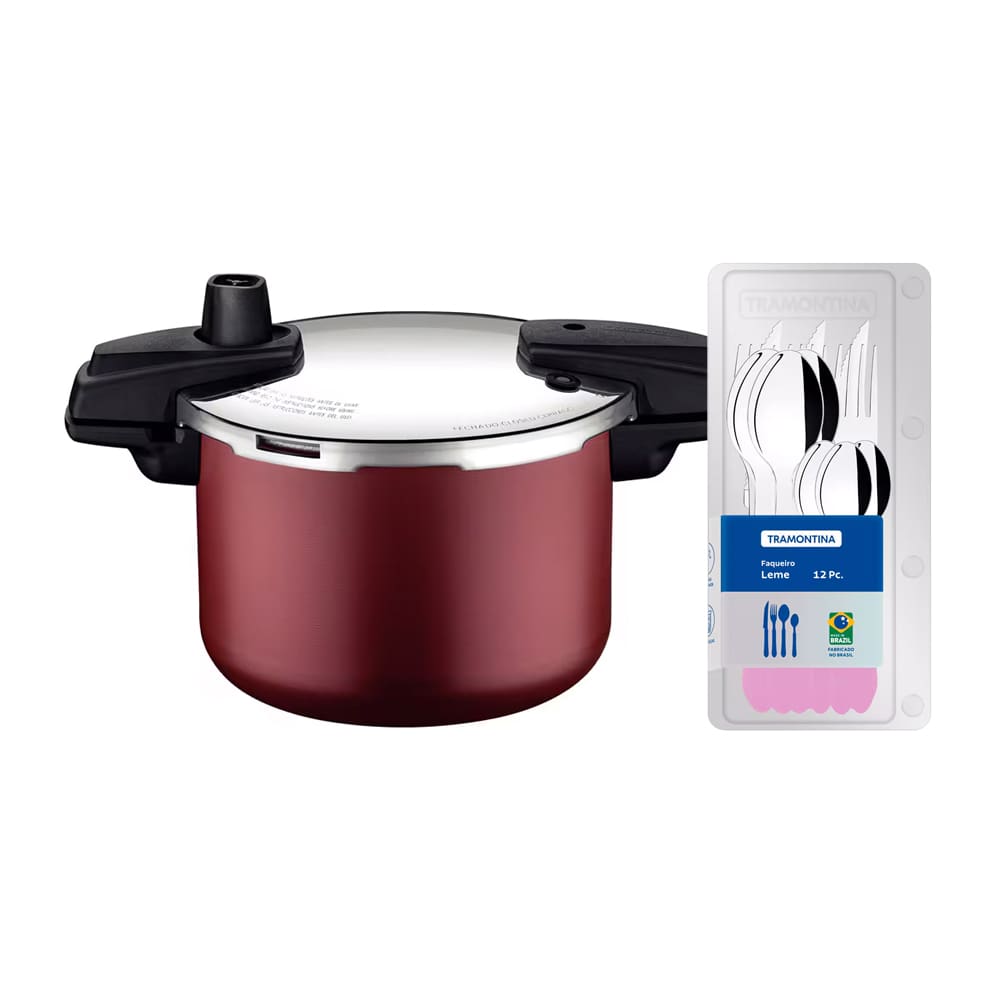 Panela de Pressão Tramontina Arizona em Alumínio, Revestimento Starflon Max 4,5L – Vermelha + Faqueiro 12 Peças Leme, Lâminas em Aço Inox – Lavanda