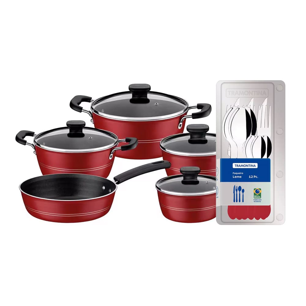 Conjunto de Panelas Tramontina Sicilia com Revestimento Starflon Excellent Vermelho – 5 Peças + Faqueiro 12 Peças Tramontina Leme - Vermelho