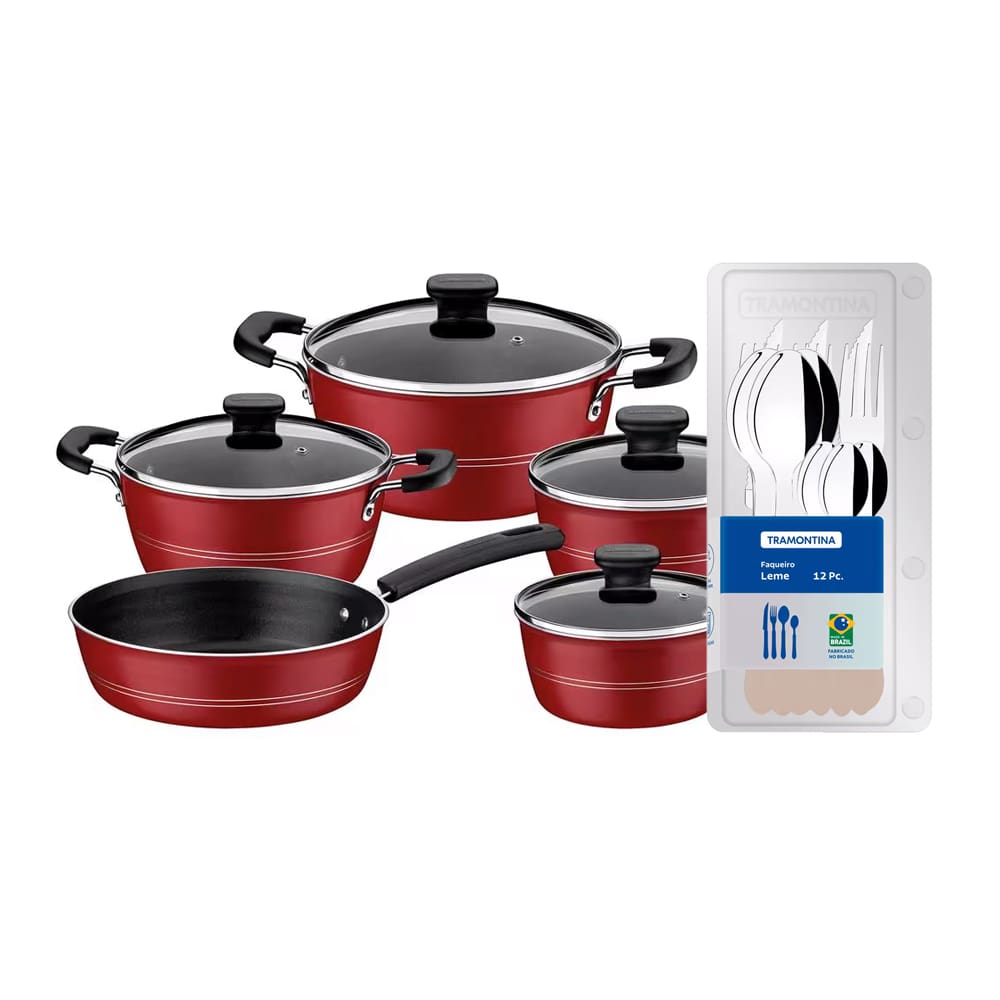 Conjunto de Panelas Tramontina Sicilia com Revestimento Starflon Excellent Vermelho – 5 Peças + Faqueiro 12 Peças Tramontina Leme - Cinza