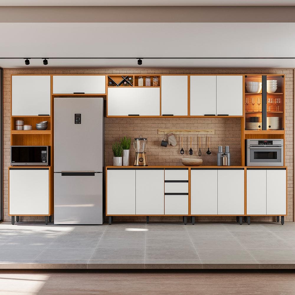 Cozinha Completa Poliman Ravena 7 Peças Armários com Nicho Micro-ondas LED Pés Reguláveis Freijó Off White