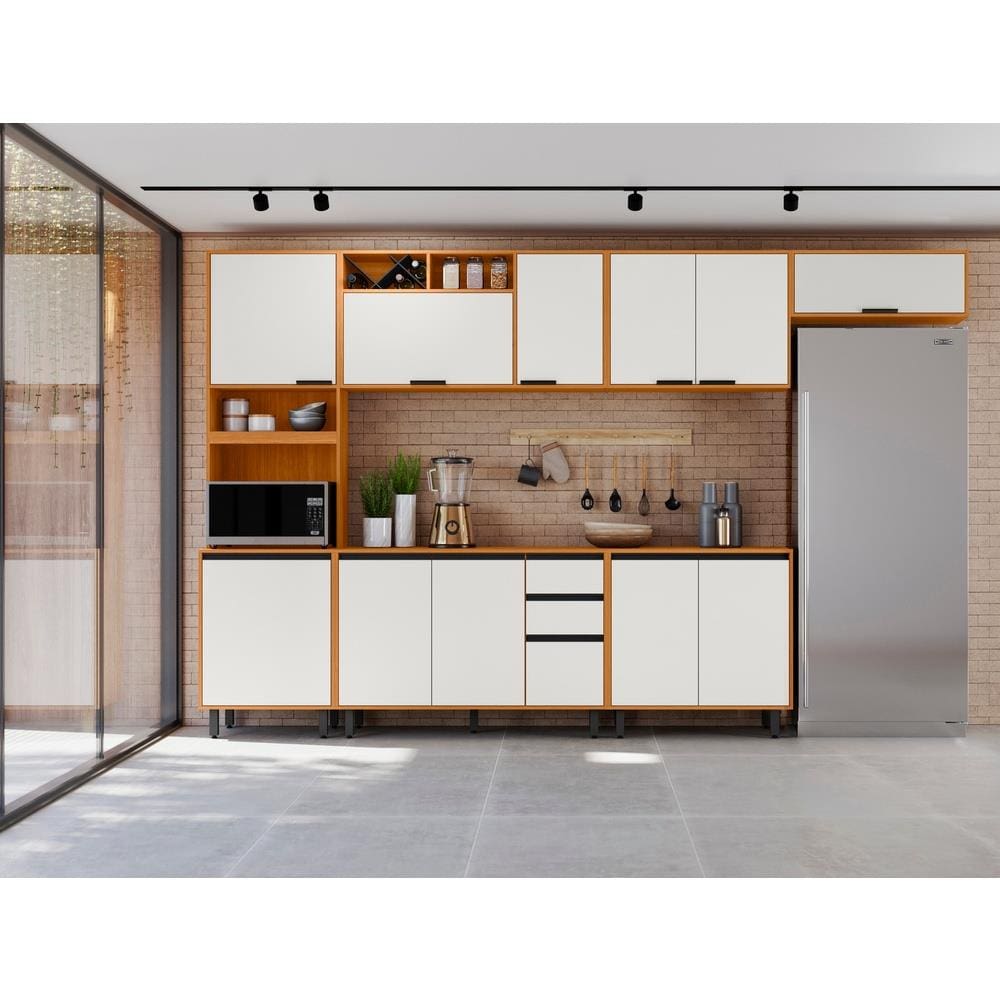 Cozinha Completa Poliman Ravena 6 Peças 3 Aéreos 2 Balcões Paneleiro Freijó Off White