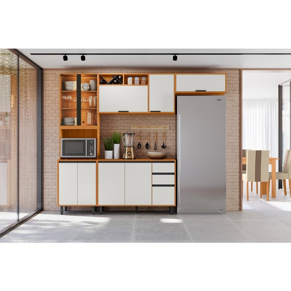 Cozinha Completa Poliman Ravena 4 Peças Cristaleira LED Balcão 120cm Freijó Off White