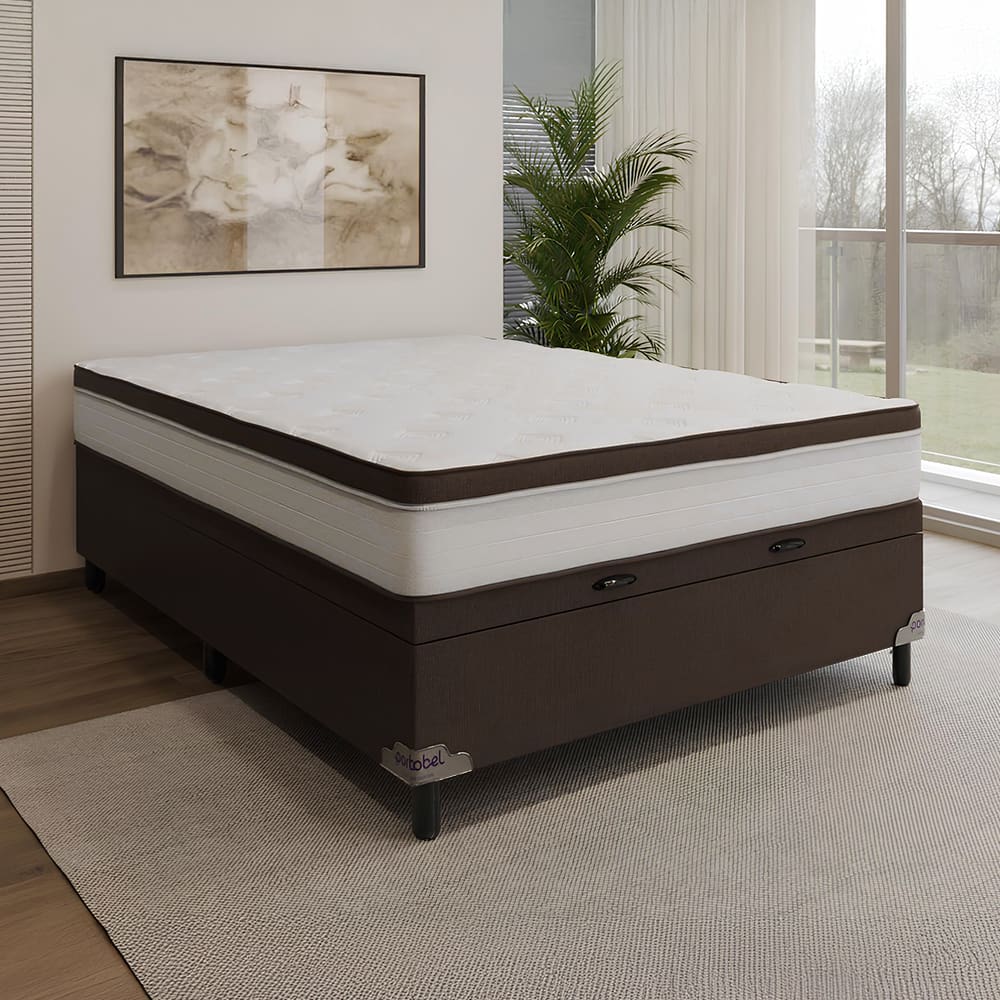 Cama Box Casal Portobel Noah 70x138x188cm Colchão Ortopédico Molas Ensacadas Box Baú Antialérgico