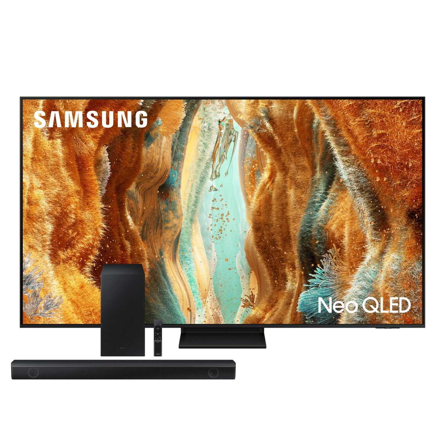 Conjunto Smart TV 55” 4K Samsung Neo QLED QN70F 120Hz Gaming Hub + Soundbar Samsung HW-B550 410W Bluetooth 2.1 Dolby
