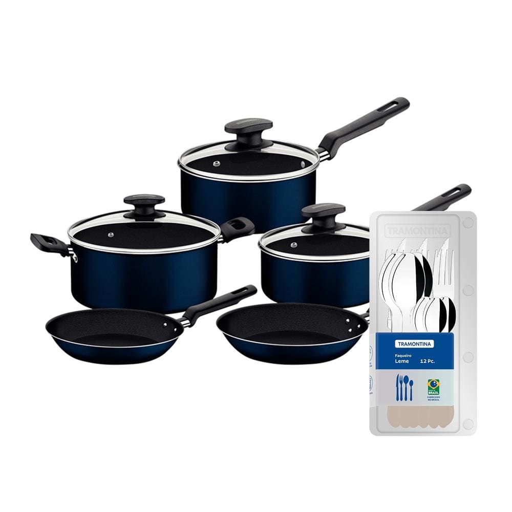 Conjunto de Panelas 5 Peças Tramontina Ravena Starflon Max Azul + Faqueiro 12 Peças Tramontina Leme Cinza