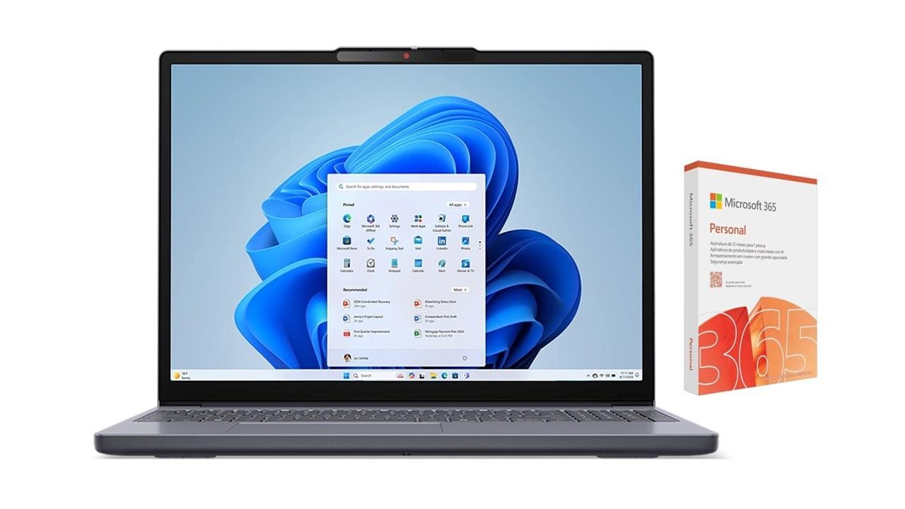 Notebook 15.3” Lenovo IdeaPad Slim 3i Windows 11 Intel i5-13420H 8GB 512GB SSD Cinza + Microsoft 365 Personal