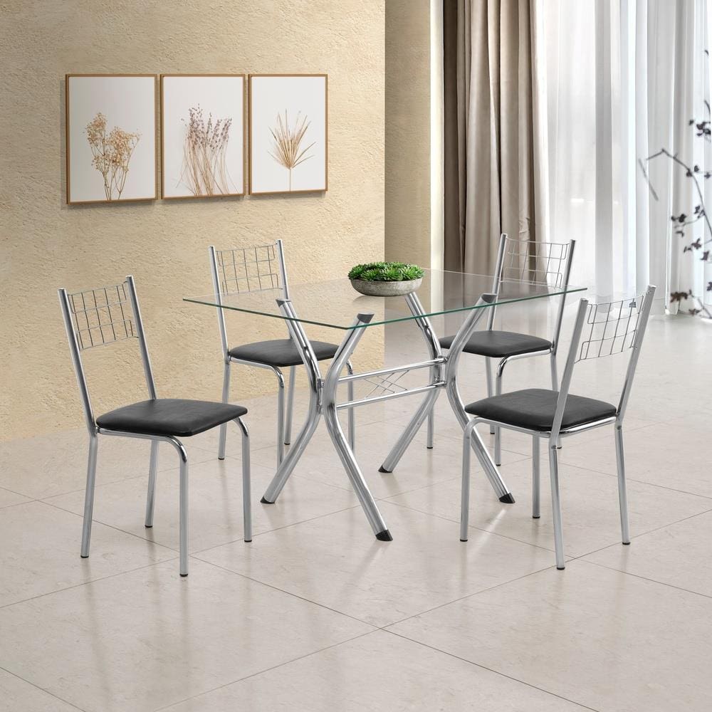 Conjunto Sala de Jantar Aço Nobre Mesa Montana Tampo de Vidro 120x80cm 4 Cadeiras Íris Aço Cromado