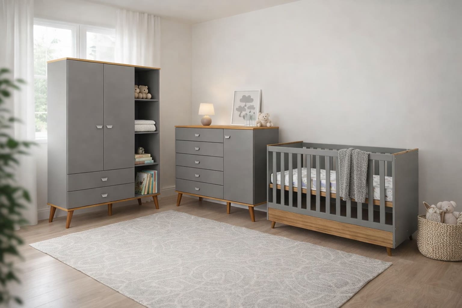 Conjunto Infantil Ternura Bartira com Berço 2 em 1, Guarda-Roupa, Cômoda e Colchão Herval