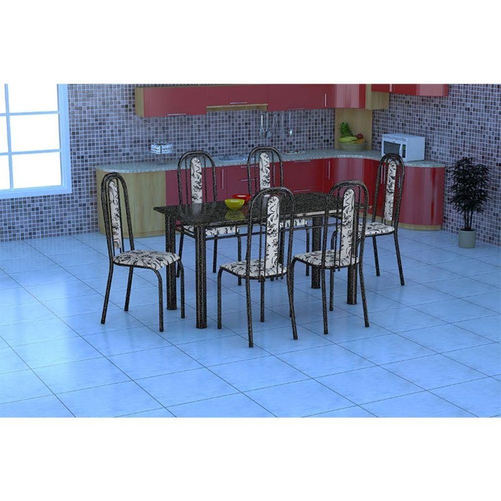 Conjunto Mesa Granada com 6 Cadeiras Granada Preto Prata - Assento Branco com Floral