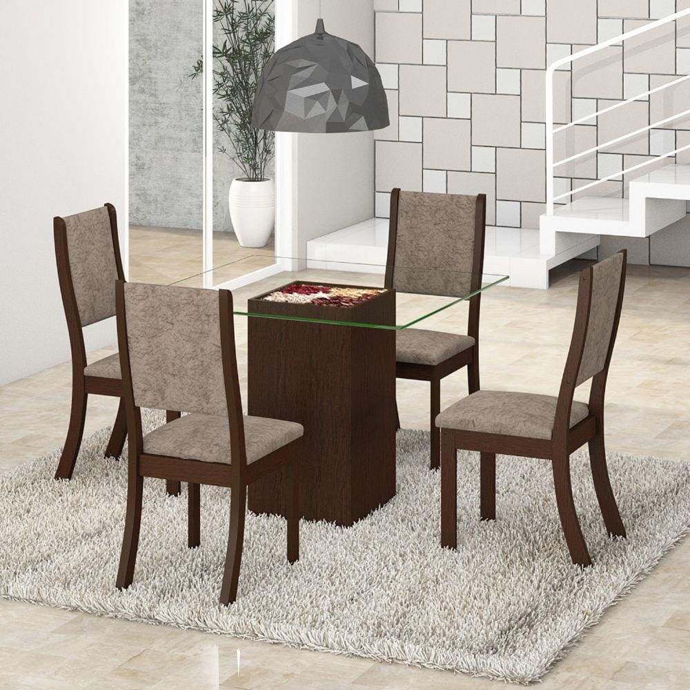 Conjunto Sala de Jantar Completa Mesa Tampo MDF 4 Cadeiras Imbuia Quick  Viero