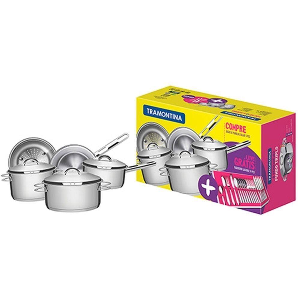 Jogo de Panelas em Aço Inox 5 Peças Solar + Faqueiro Laguna 24 Peças - Tramontina