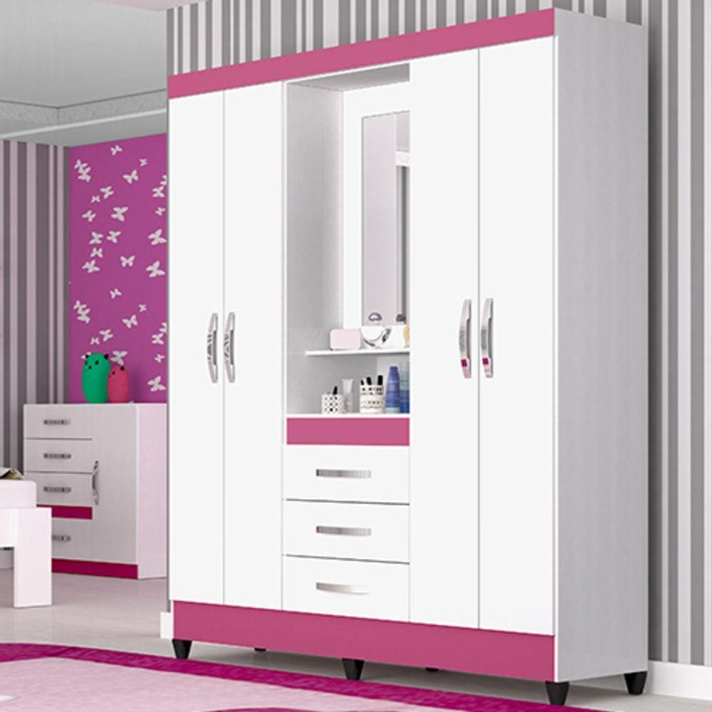 Guarda-Roupa Casal 4 Portas com Espelho Capri Moval Branco/Rosa