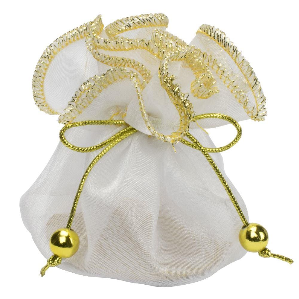 Saquinho Mochilinha Organza Branco com Dourado