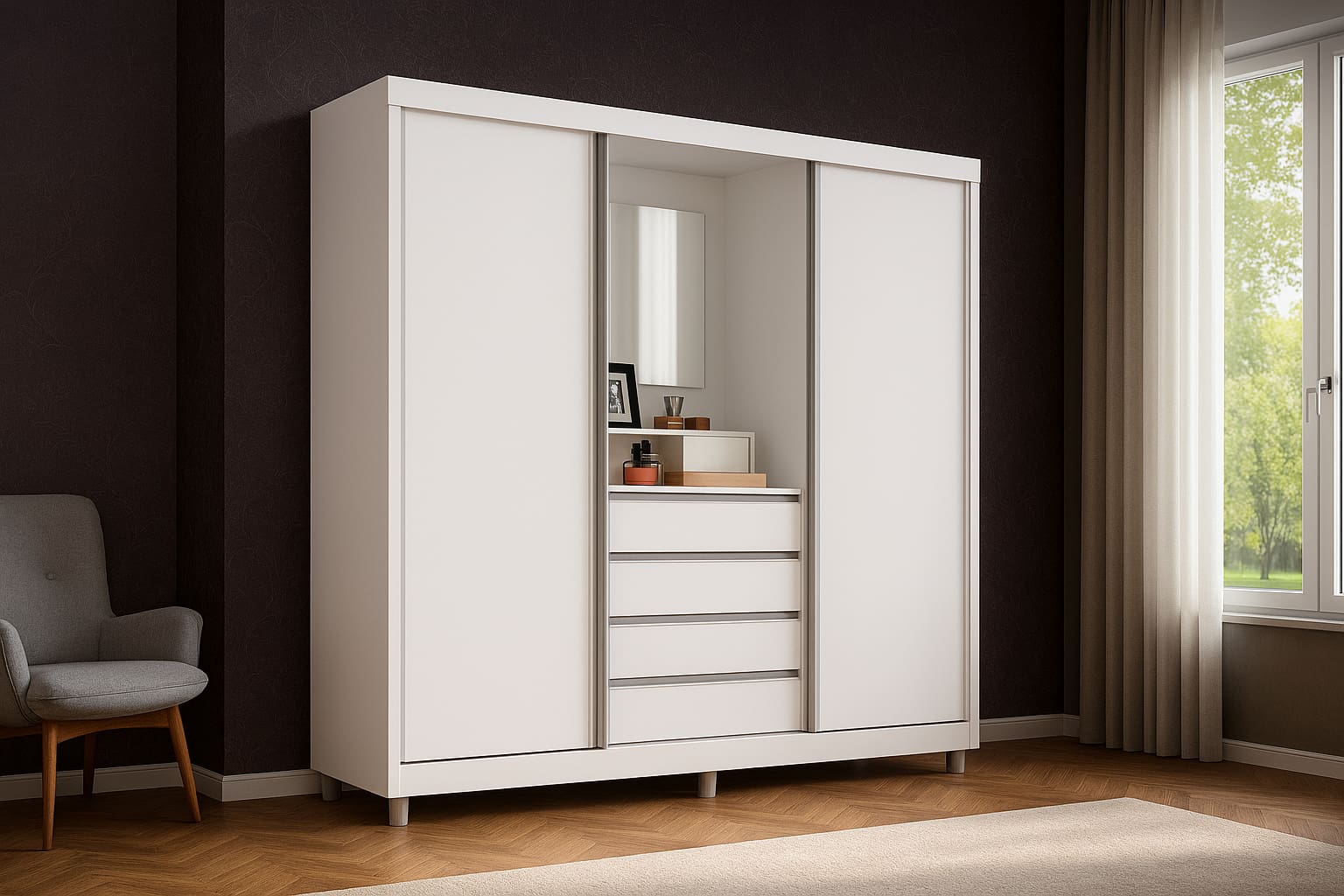 Guarda-Roupa Casal Bartira Fortaleza II 2 Portas de Correr 4 Gavetas Externas 1 Espelho Fixo MDP - 184,5cm de Largura