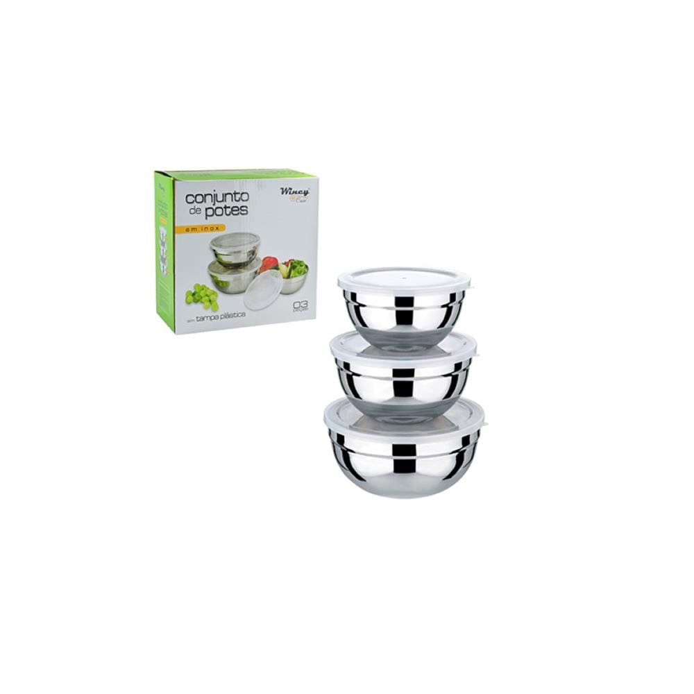 Jogo de Pote De Inox Com 3 Peças Com Tampa Plástica