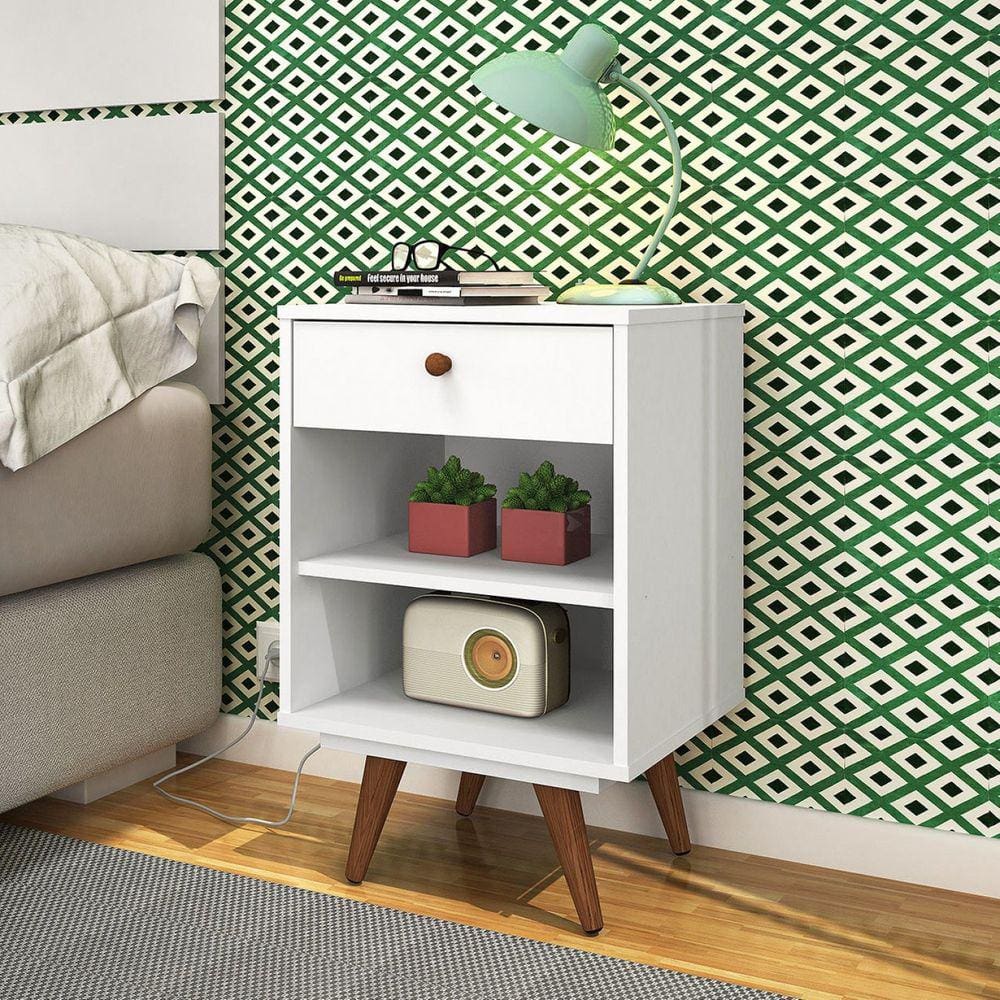 Mesa de Cabeceira 1 Gaveta 1 Prateleira Retrô Plus Olivar Branco