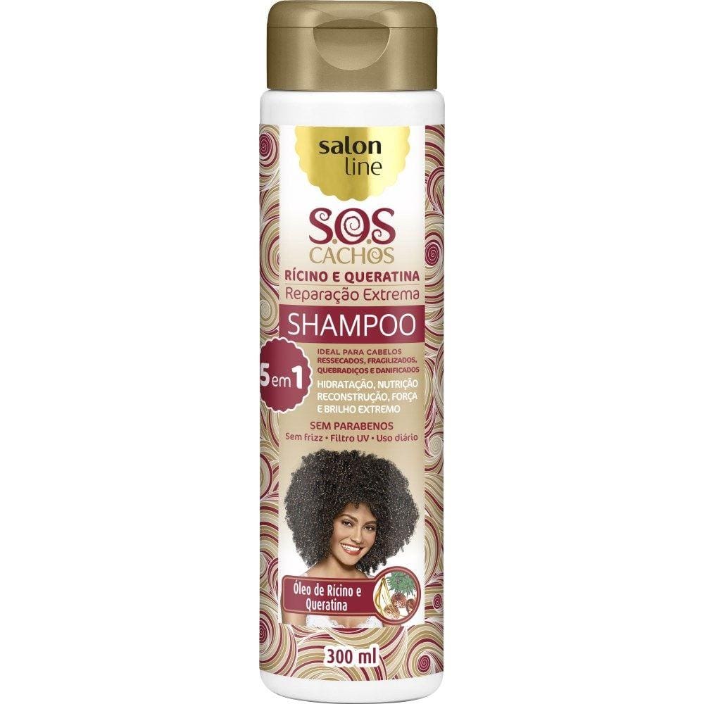 Shampoo Rícino e Queratina SOS Cachos - Reparação Extrema 5 em 1 - Salon Line