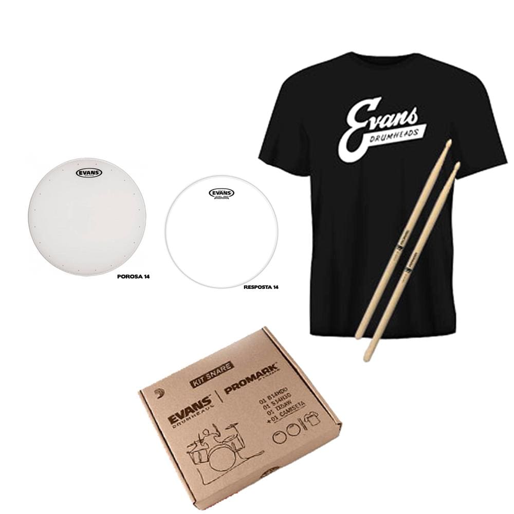 Kit Evans Snare com Peles Porosa e Resposta 14, Baqueta Pro Mark Tx5aw e Camiseta Evans Logo
