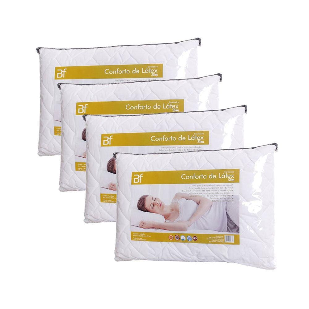 Kit 4 Travesseiro Conforto Látex Slim + Capa Percal 180 Fios Zíper