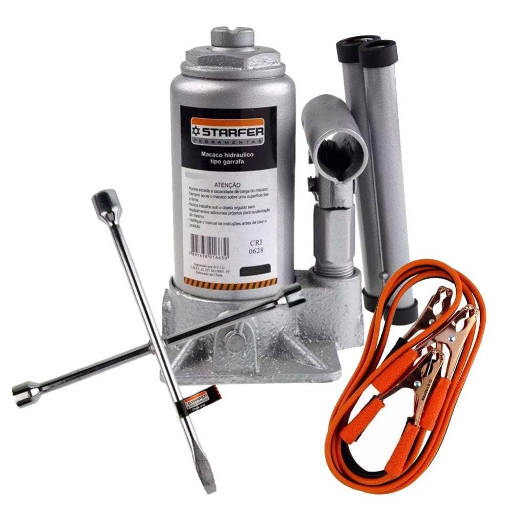 Kit Macaco Hidráulico Garrafa 2t  Chave Roda e Cabo Bateria