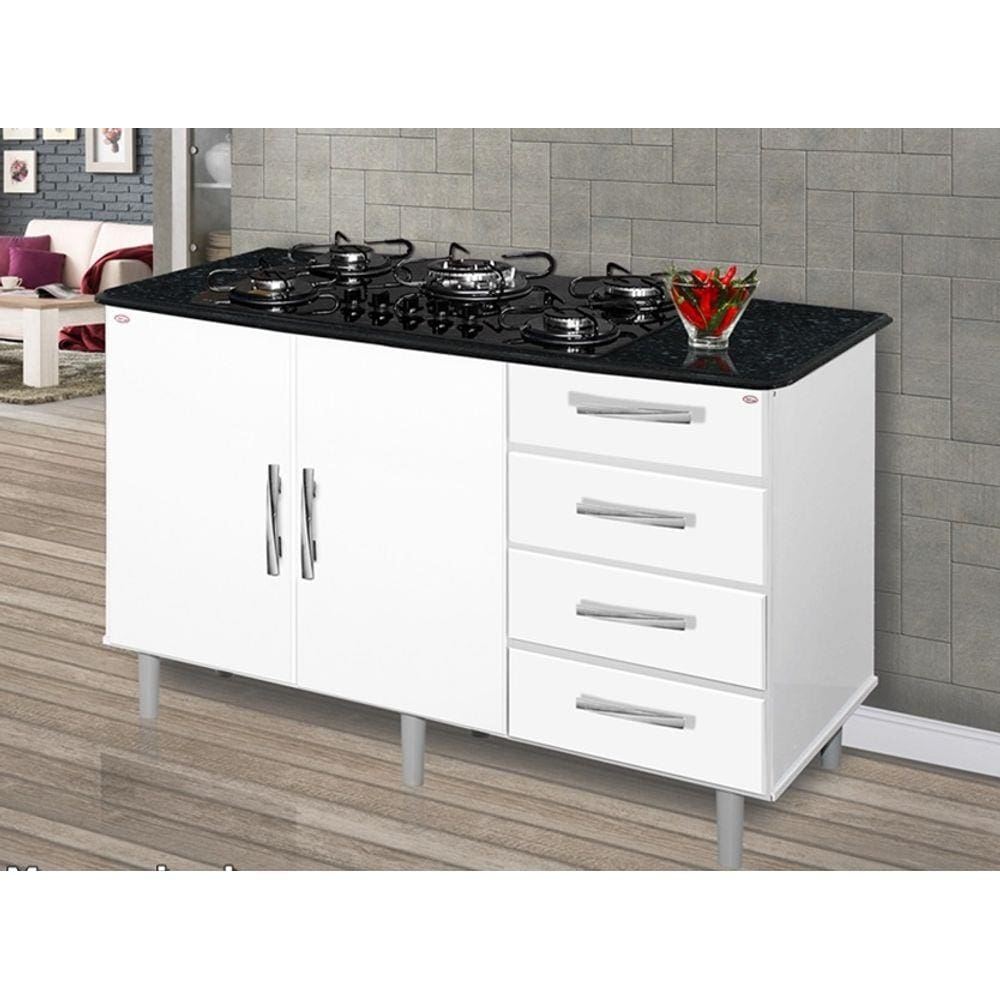 Balcao Para Cooktop 05 Bocas com 02 Portas e 04 Gavetas Canada - Branco/Marmore