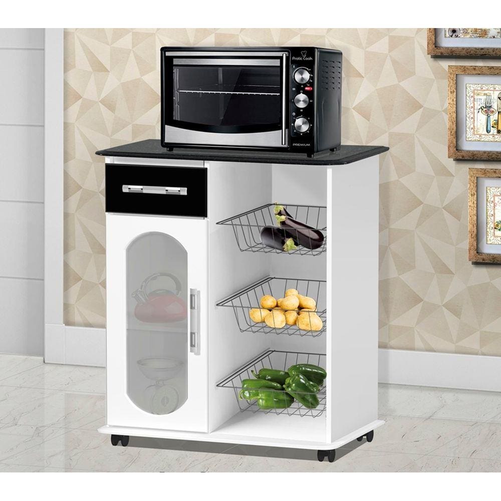 Fruteira Nobre com Vidro e 01 Gaveta - Branco/Preto/Marmore