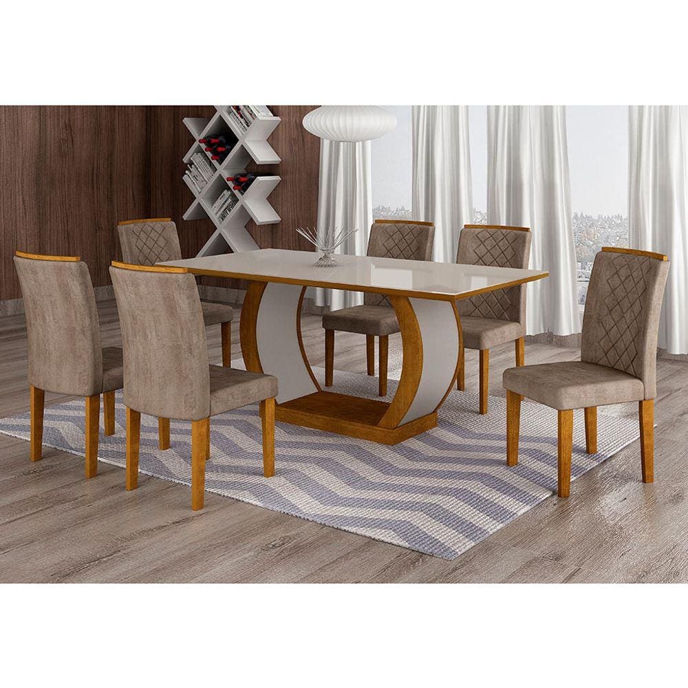 Conjunto de Mesa de Jantar com Vidro e 6 Cadeiras Imperatriz