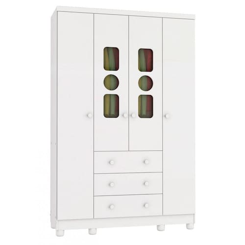 imagem-Guarda Roupa de Bebê 4 Portas 3 Gavetas Tedy Móveis Peroba Branco Brilho