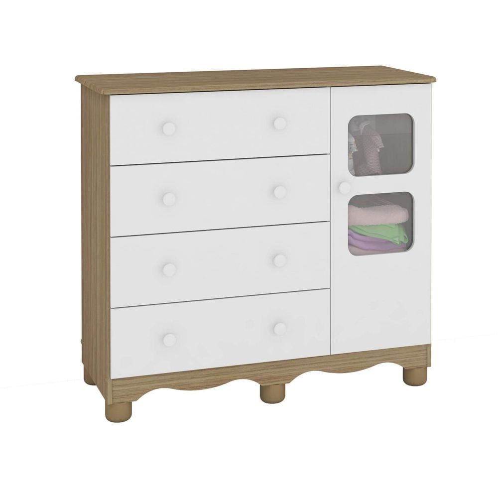 Cômoda de Bebê 1 Porta 4 Gavetas Uli Móveis Peroba Branco Brilho/Carvalho