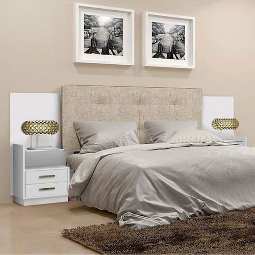 Cabeceira Casal Estofada com 2 Mesas de Cabeceira Galaxy Bronze Leifer Branco/Palha Menor preço em Cabeceira Casal Estofada com 2 Mesas de Cabeceira Galaxy Bronze Leifer Branco/Palha