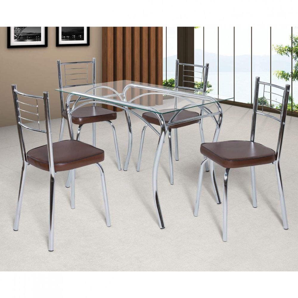 Conjunto de Mesa Tampo Vidro Lion com 4 Cadeiras Juliana Art Panta Cromado/Marrom