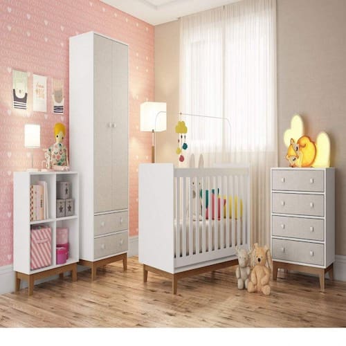 Menor preço em Quarto de bebê Completo com Guarda Roupa 2 Portas, Berço, Cômoda 4 Gavetas e Estante Baixa Retrô  Branco/Nude