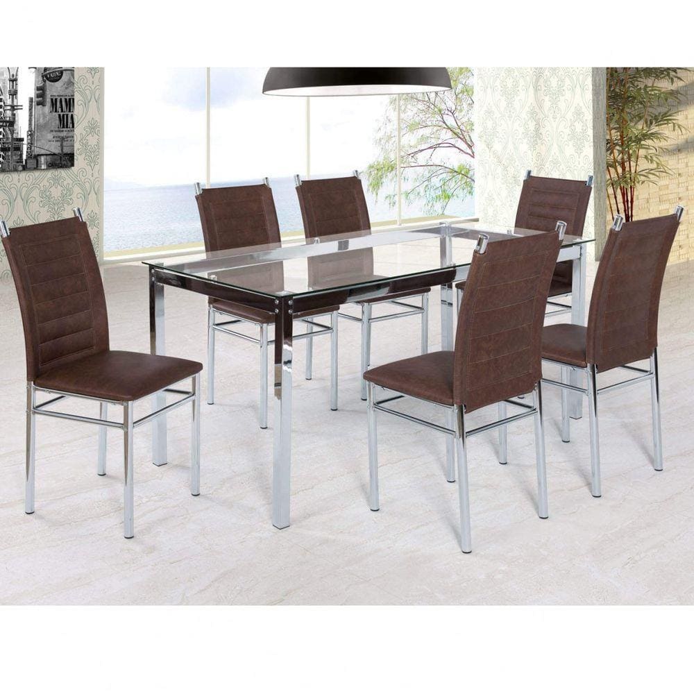Conjunto Sala de Jantar Tokio Mesa 6 Cadeiras Yescasa Cromado/Marrom Tex