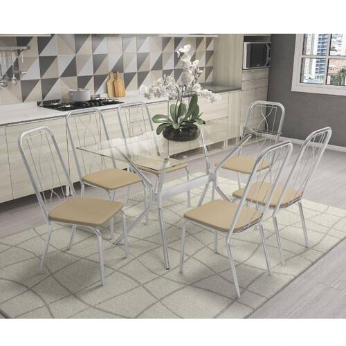 Conjunto de Mesa Vidro Loire com 6 Cadeiras Viena Crome Kappesberg Cromado/Nude Menor preço em Conjunto de Mesa Vidro Loire com 6 Cadeiras Viena Crome Kappesberg Cromado/Nude