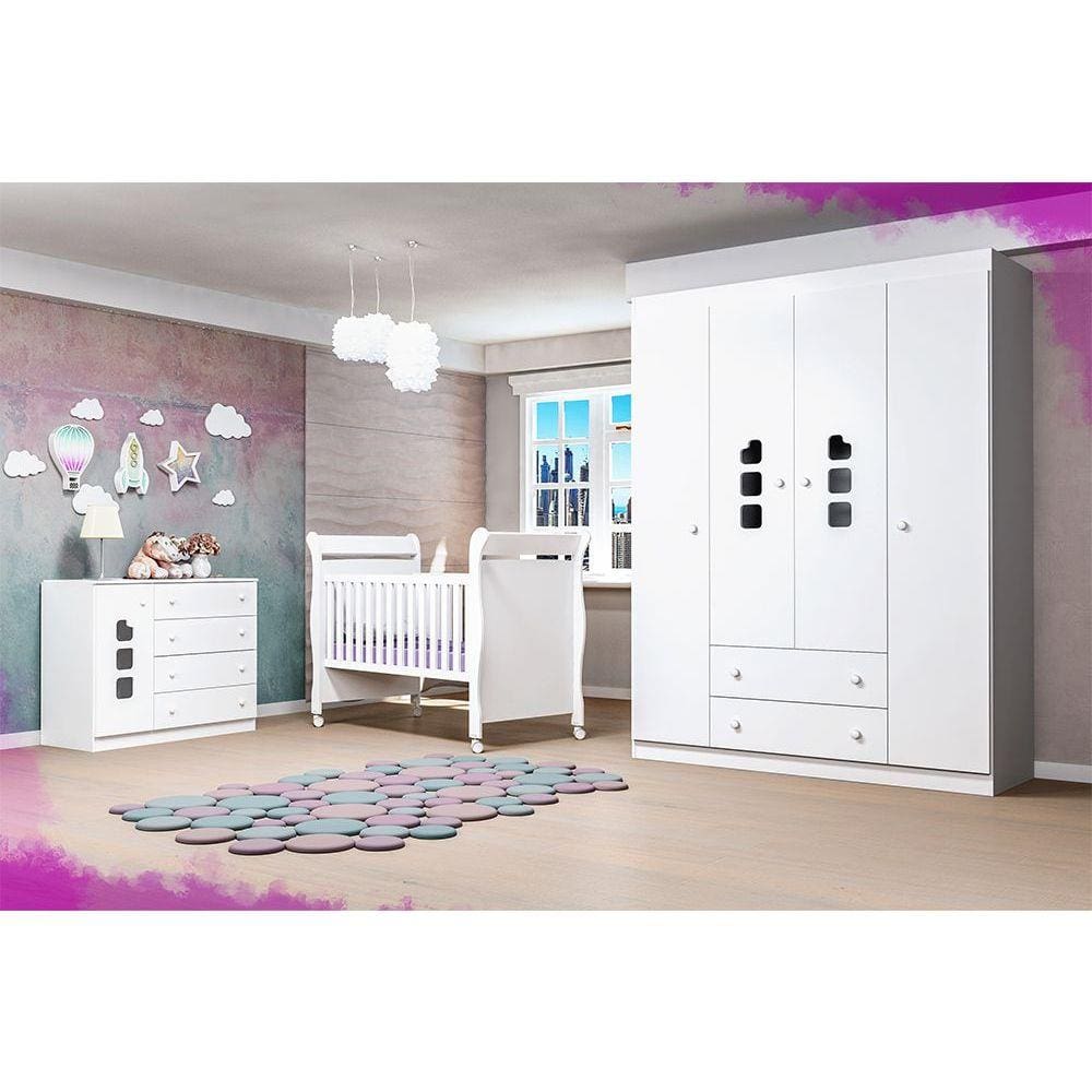 Roupeiro Helena 4 Portas e 2 Gavetas Branco para Quarto Infantil de Bebê  Infantil - Phoenix Baby 