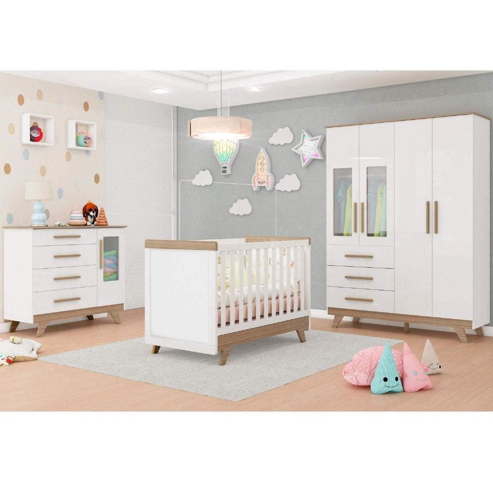 Quarto de Bebê Completo com Guarda Roupa 4 Portas, Berço Mini Cama e Cômoda Branco Brilho/Carvalho