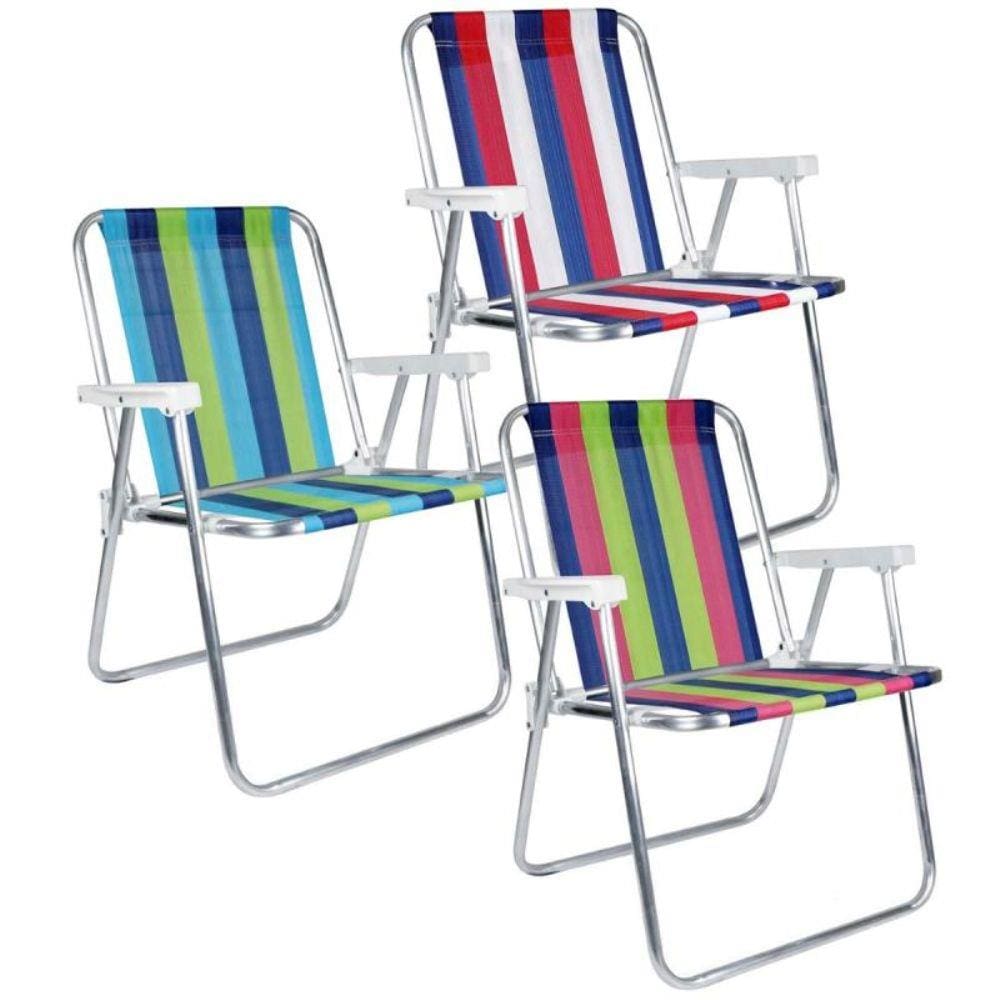 Kit com 3 Cadeiras de Praia e Piscina Alta 25500 Cores Variadas Alumínio KRNK