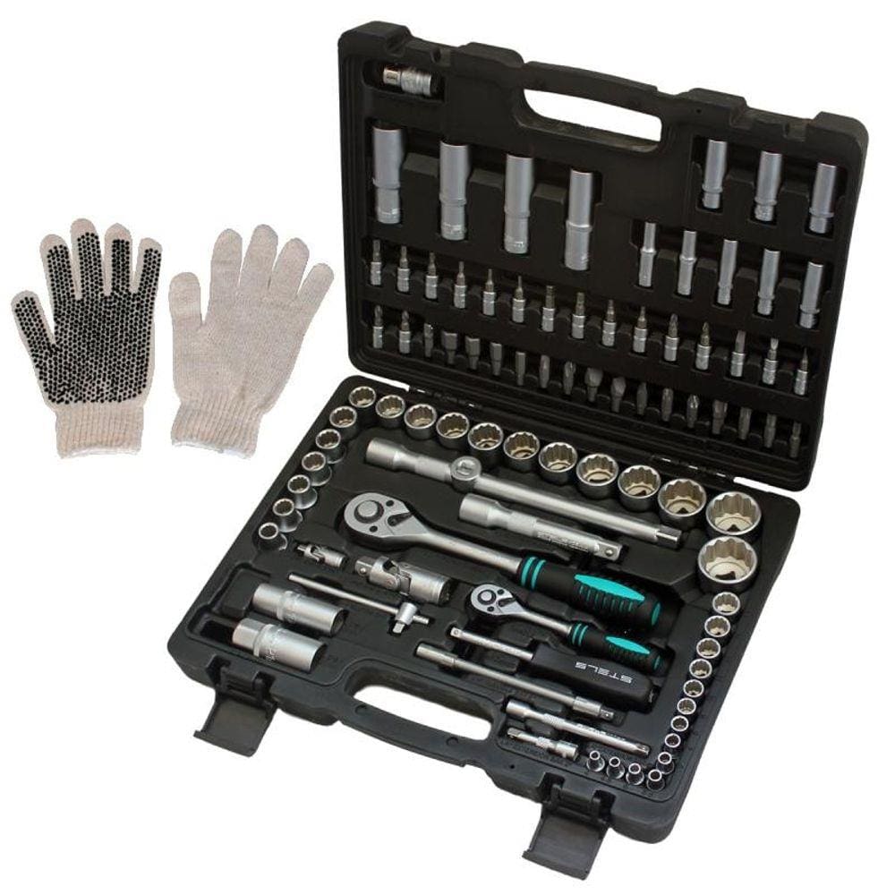 Chave Catraca e Soquetes de 1/2 e 1/4 Aço CR-V com 94 Peças 1358099 STELS