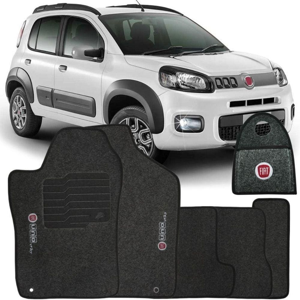 Jogo Tapete Automotivo Carpete + Lixeira Fiat Uno Way 2011 à 2018 Soft Logo Bordado Grafite 6 Peças