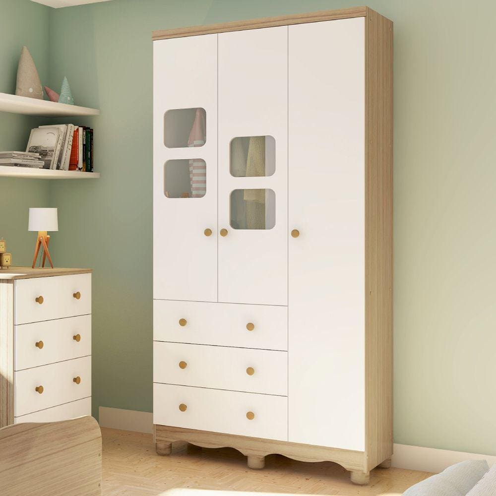 Guarda Roupa de Bebê 3 Portas 3 Gavetas Uli Móveis Peroba Branco Brilho/Carvalho