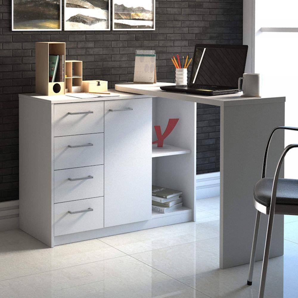 Mesa para Escritório com Armário 1 Porta 4 Gavetas Logan Artany Branco