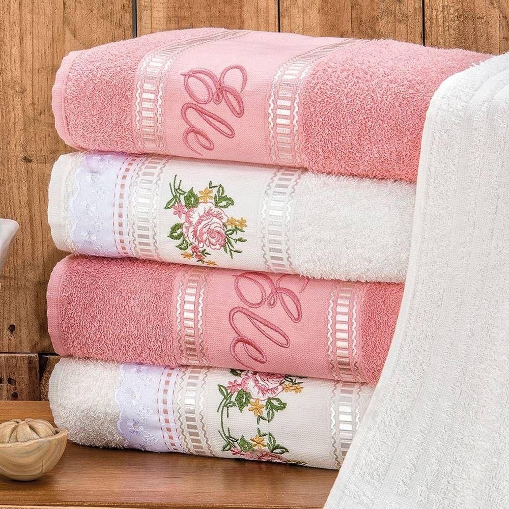 Jogo de Banho Bordado Ponto Russo Algodão 5 Peças - Palha/Rosa