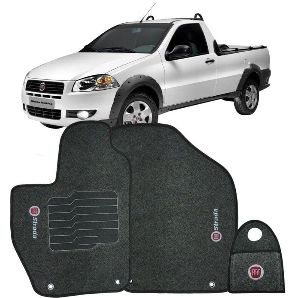 Jogo Tapete Carpete + Lixeira Fiat Strada Cab. Simples 2007 à 2012 Soft Logo Bordado Grafite 3 Peças