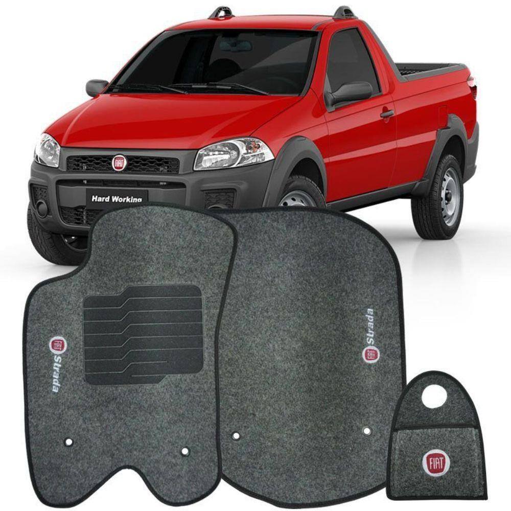 Jogo Tapete Carpete + Lixeira Fiat Strada Cab. Simples 2013 à 2019 Soft Logo Bordado Grafite 3 Peças