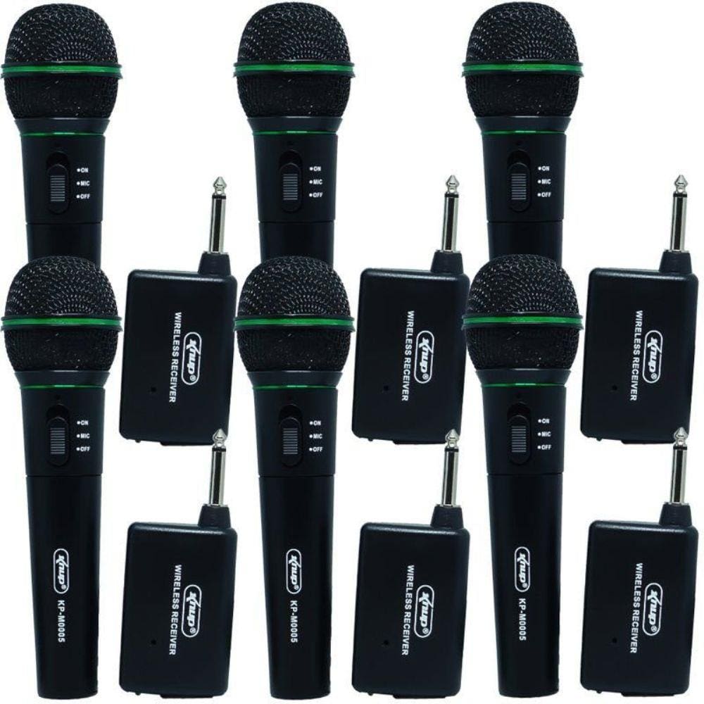 Kit 6 Microfones sem Fio Profissional Wireless P10 para Karaokê e Caixa de Som Knup KP-M0005 Preto