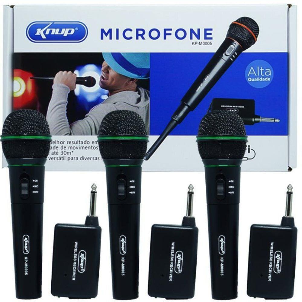 Kit 3 Microfones sem Fio Profissional Wireless P10 para Karaokê e Caixa de Som Knup KP-M0005 Preto