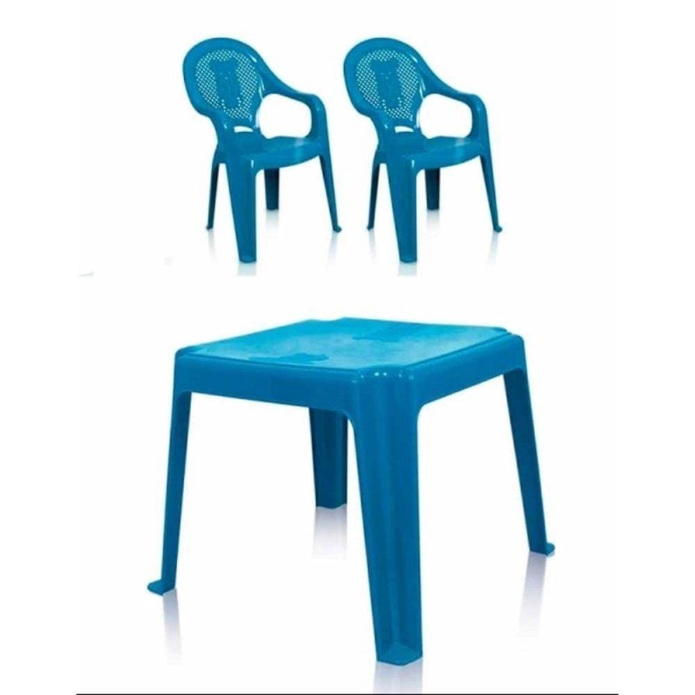 Kit 1 Mesa 45x45cm e 2 Cadeiras Decoradas Teddy Infantil Azul